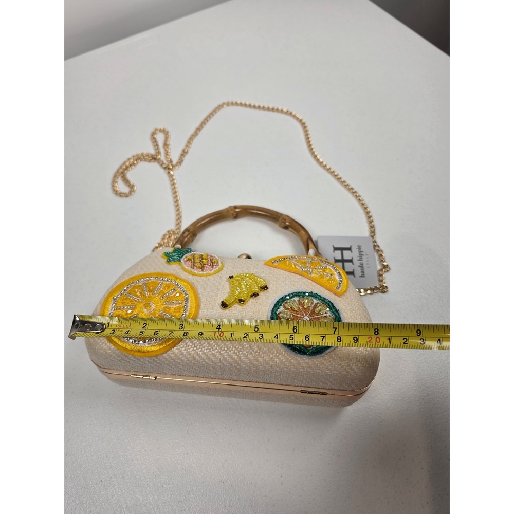 Haute Hippie Beaded Fruit Straw Clutch Crossbody Bamboo Handle Bag Natural NEW - Picture 9 of 13